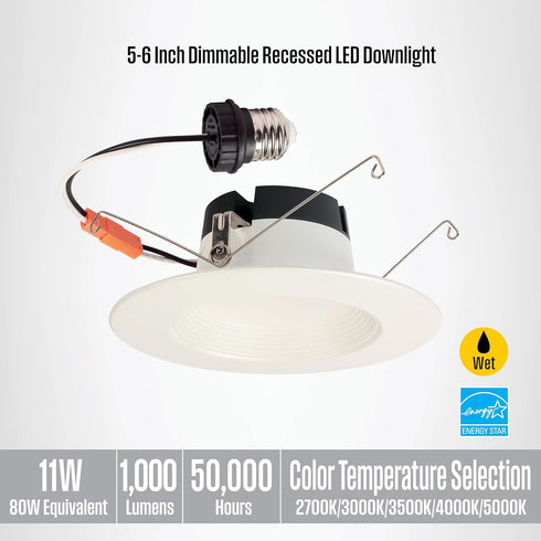 Westinghouse 5141100 11 Watt (80 Watt Equivalent) 5-6 Inch Recessed LED Downlight with Color Temperature Selection, Dimmable, ENERGY STAR, Medium ...