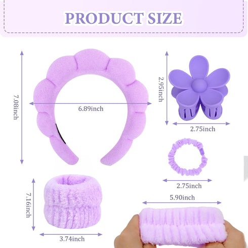 YISSION Purple Spa Headband & Wristband Set Skincare Headband & Wrist Bands for Washing Face Makeup Silk Hair Scrunchies Flower Hair Claw Clips Sp...