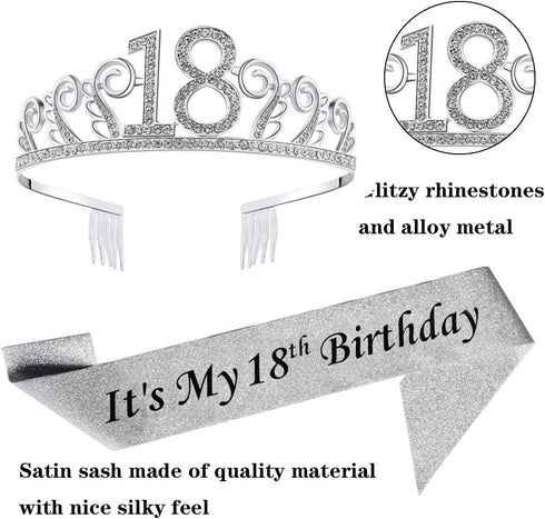 18th Silver Birthday Tiara and Sash Glitter Satin Sash and Crystal Rhinestone Tiara Crown for Happy 18th Birthday Party Supplies Favors Decoration...