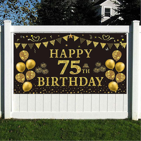 Trgowaul 75th Birthday Backdrop Gold and Black 5.9 X 3.6 Fts Happy Birthday Party Decorations Banner for Women Men Photography Supplies Background...
