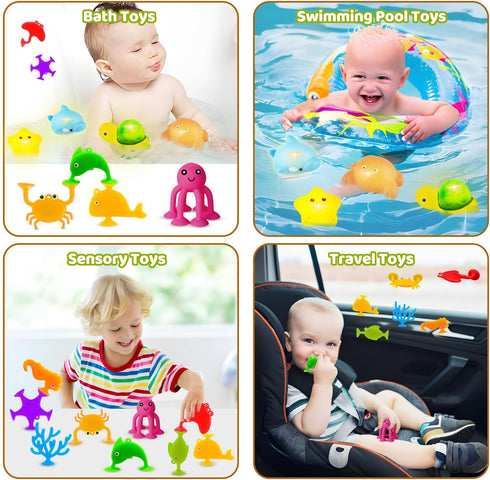 Baby Bath Toys for Kids Ages 1-3, 9 Pcs Sensory Suction Cup Toys+4 Pcs Light Up Floating Ocean Animal Bathtub Toy Set for Babies 6-12 Months, Todd...