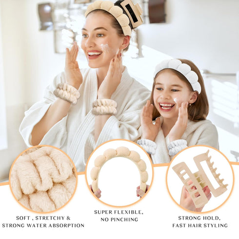 Wecoe White Khaki Spa Headband And Wristband Set Skincare Headband For Washing Face Hair Claw Clips For Thick Hair Cute Puffy Sponge Bubble Makeup...