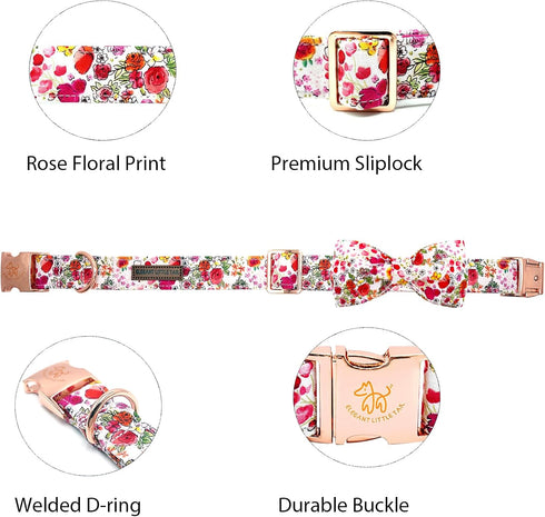 Elegant little tail Dog Collar, Pink Rose Print Pet Collar Summer Dog Collar Durable Metal Buckle Dog Collars Cotton Pet Adjustable Dog Collars fo...