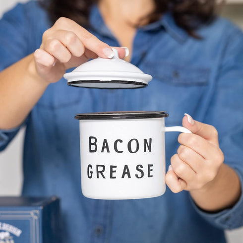 Golden Hills Mercantile Bacon Grease Saver with strainer - rustic mid-century modern farmhouse design, white enamel on metal, 4 inch x 4 inch vint...
