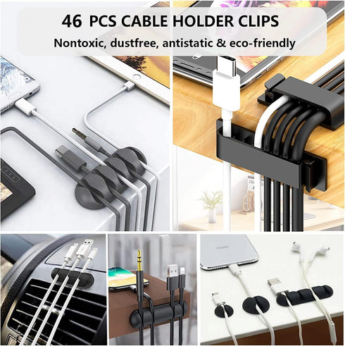 Cord Management Organizer Kit 4 Cable Sleeve split with 41Self Adhesive Cable Clips Holder, 10pcs and 2 Roll Self Adhesive tie and 100 Fastening C...