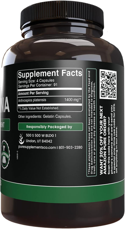 Pure Original Ingredients Spirulina (365 Capsules) No Magnesium Or Rice Fillers, Always Pure, Lab Verified...