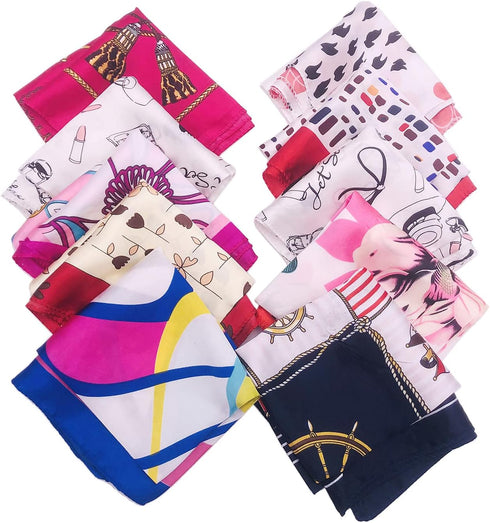 10PCS Women's Fashion Small Square Neck Scarf Satin Scarf Mixed Neck Head Scarf Neckerchief Mixed Pattern & Colors Fashion Accessory Set 19.7" x 1...