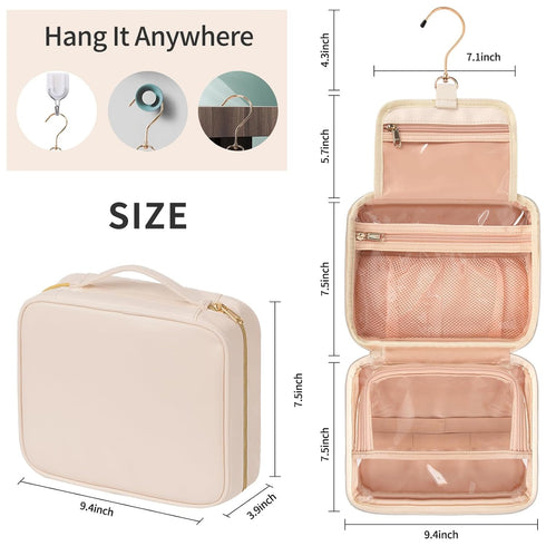 CUBETASTIC Travel Toiletry Bag, Portable Makeup Bag with Hanging Hook Waterproof Cosmetic Organizer Case 3 Compartment Leather Pouch for Toiletrie...