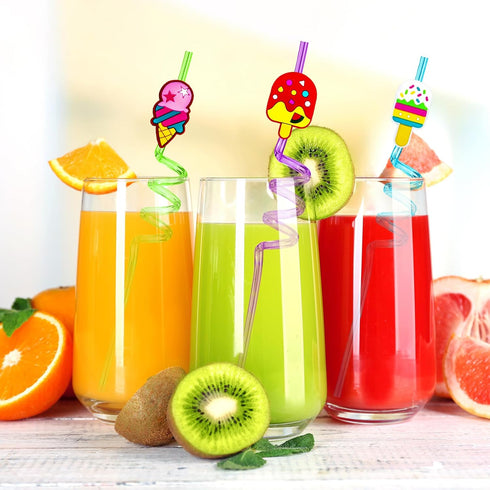 24PCS Ice Cream Drinking Straws Reusable for Kids Ice Cream Theme Birthday Party Favors Supplies Decorations with 2 PCS Cleaning Brushes (Ice Crea...