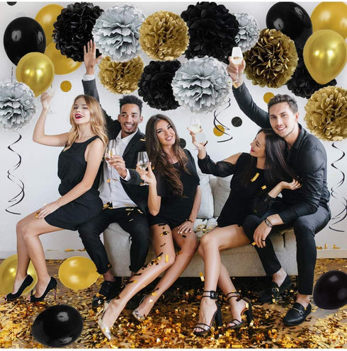 Black and Gold Party Decorations - DIY Tissue Paper Pom Poms Flowers, Tassel, Balloons, Hanging Swirl, Paper Circle Garland for Graduation and Ret...