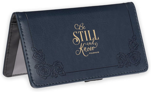 Christian Art Gifts Checkbook Cover for Women and Men with Inspirational Scripture - Be Still and Know - Navy Faux Leather Checkbook Cover for Dup...