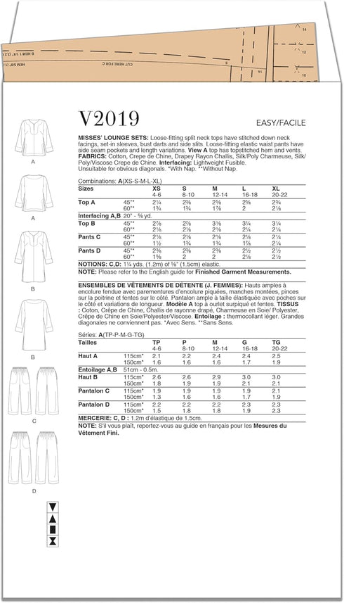 Vogue Misses' Lounge Sets Sewing Pattern Packet by Marcy Tilton, Design Code V2019, Sizes XS-S-M-L-XL, Multicolor...