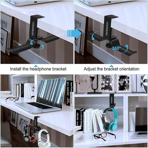 aceyoon Headphone Stand, Under Desk Hanger, Dual Headset Holder, Table Hook for Bag/Backpack/Gaming Headphone, 360 Rotatable, Black...