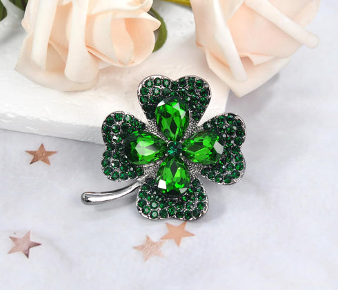 Gyn&Joy Gun Metal Tone Antique Inspired Emerald Green Crystal Rhinestones Four Leaf Clover Brooch Pin...