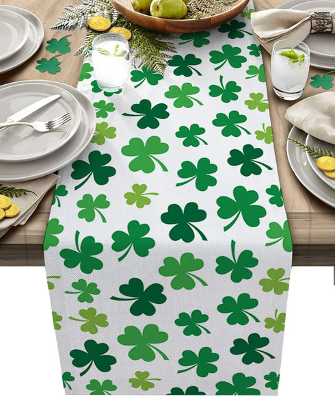 St Patrick's Day Green Shamrocks/Clover Table Runners Cotton Linen Non-Slip Rectangle Dresser Scarves for Spring Party Holiday Kitchen Dining Banq...