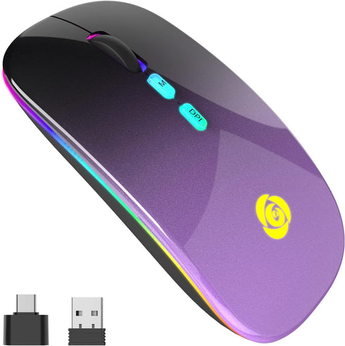 LED Wireless Mouse, Bluetooth Mouse &2.4GHz Instant Connection,Rechargeable Ultra Silent Slim,3 DPI 2 Connection Modes with USB-C to USB Adapter f...