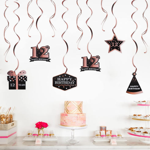 LINGTEER Happy 12th Birthday Decorations - 12Pcs Birthday Black & Rose Gold Swirls Streamer Set,Cheers to Twelve Years Old Bday Party Decorations ...