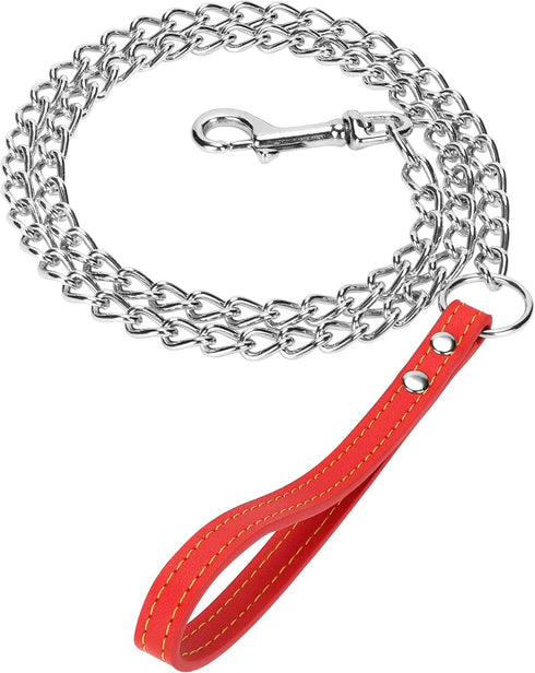 Chain Dog Leash with Leather Handle 4 Feet Red...