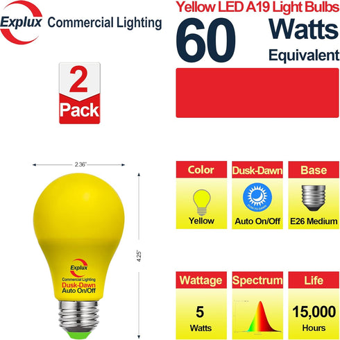 Explux A19 Dusk to Dawn LED Yellow Light Bulbs, 60W Equivalent, Photo Sensor Control Auto Dusk-Dawn On/Off, Porch Light Bulbs, 2-Pack...