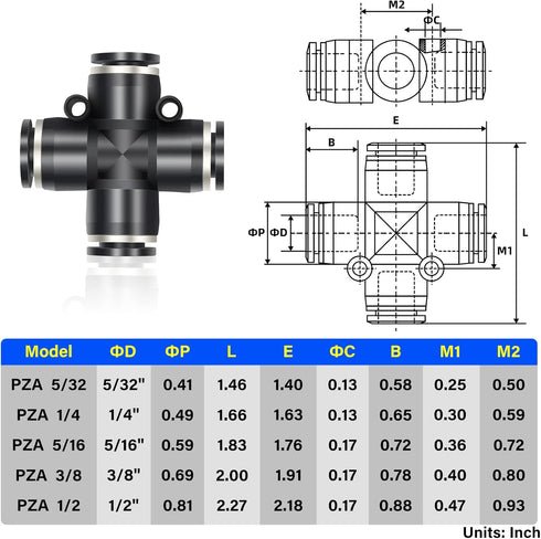 TAILONZ PNEUMATIC 4 Way 1/4 Inch OD Straight Push Fittings Plastic Quick Release Connectors Air Line Fittings PZA-1/4 (Pack of 5)...