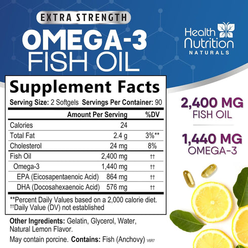 Fish Oil 2400 mg with Omega-3, EPA & DHA - Triple Strength Omega Supplement - Natural Support for Immune, Heart & Brain Health - Nature's Lemon Fl...