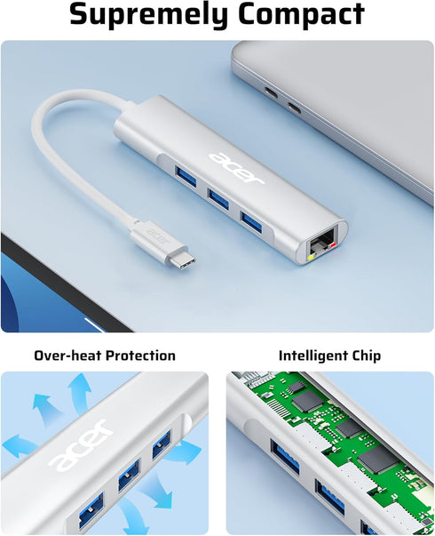 Acer USB C to Ethernet Adapter, 4-in-1 USB C Hub with 3 USB A 3.1 & 1Gbps RJ45 Network, USB C to LAN Adapter for MacBook Pro Air, Surface, Chromeb...