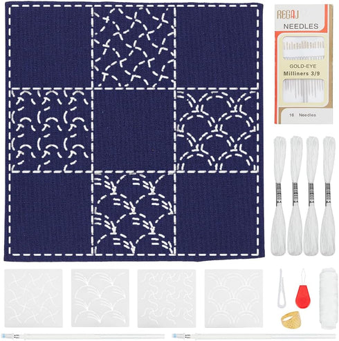 WEBEEDY DIY Sashiko Placemat Kit with Traditional Japanese Sashiko Pattern Template Fabric Embroidery Stitching Sashiko Table Mats with Instructio...