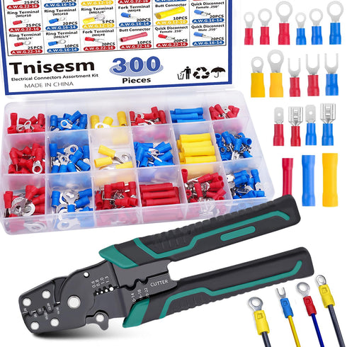Tnisesm 301Pcs Insulated Wire Electrical Connectors Assortment Kit with Ring, Spade, Butt, Quick Disconnect, Crimp Automotive Cable Terminals...