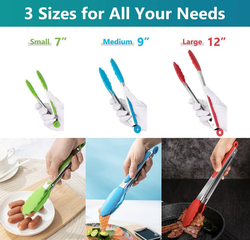 Kitchen Tongs Set of 3, Cooking Tongs with Silicone Tips, Non-Stick Non-Scratch Heat Resistant Tongs for Grilling Cooking BBQ Salad Serving (Multi...