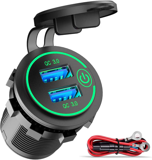 Car USB Outlet 12V Charger Socket, Qidoe Waterproof 36W Dual QC3.0 USB Power Socket with Touch Switch DIY Car USB Port for Car Boat Marine RV Moto...