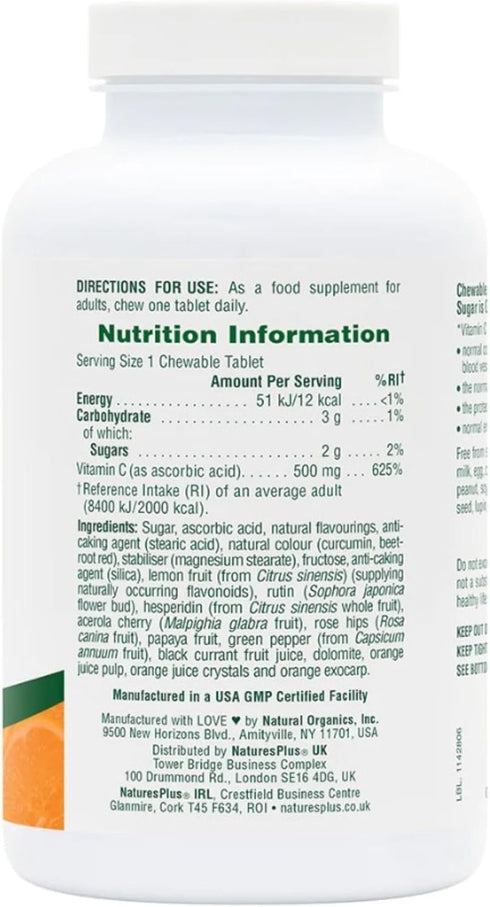 Natures Plus Orange Juice Chewable Vitamin C - 500 mg, 90 Tablets - High Potency Immune & Vascular Health Support Supplement, Antioxidant - Gentle...