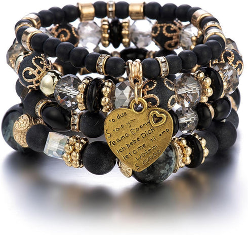 4Pcs Set Bohemian Heart Letters Declaration Crystal Stone Stretch Pendant Bracelets for Women Beaded Stackable Stretch Bracelet Colorful Charm Jew...