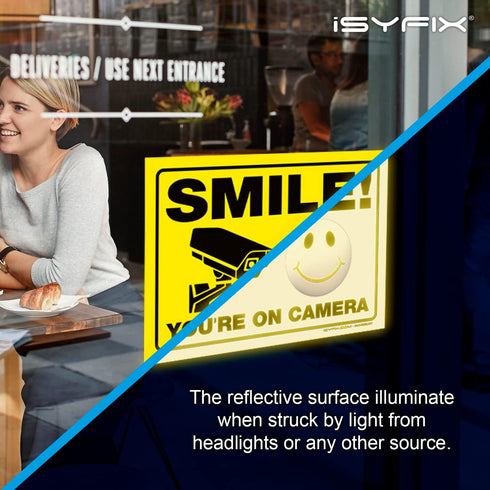 iSYFIX Smile You're on Camera Reflective Stickers for Business - 2 Pack 14x10 Inch - Self-Adhesive Vinyl Decal, Laminated for UV Protection, Fade ...