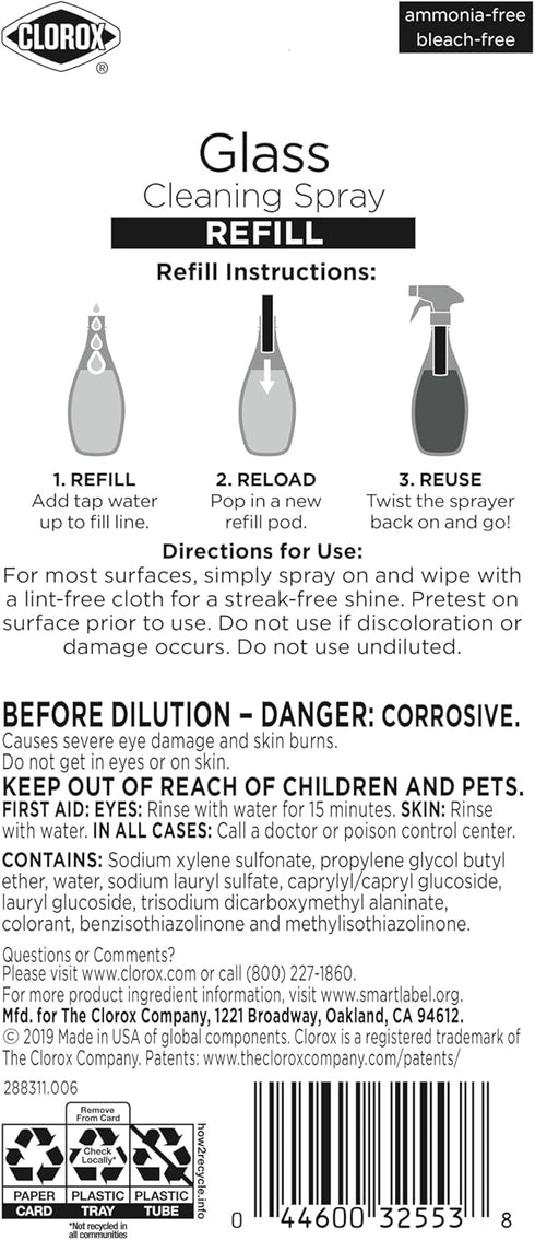 Clorox Glass Cleaner Refill Cartridge for Glass Cleaner Reusable Spray Bottle Two Refill Cartridges Ounces, Household Essentials, Package May Vary...