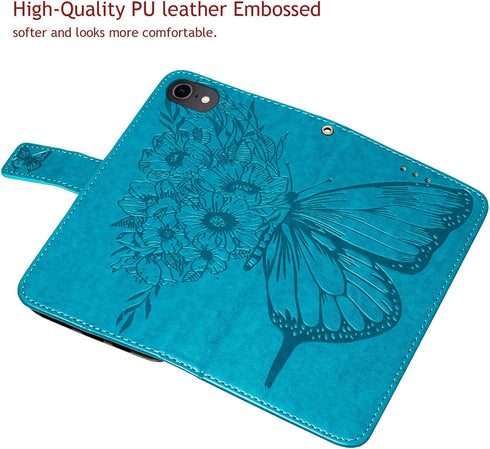 for iPhone SE 2022/SE 2020 Case, 6/6S/7/8 Wallet Case | Butterfly Floral Embossed, Wrist Strap, Card Holder Slots, Stand Leather Protective Flip C...