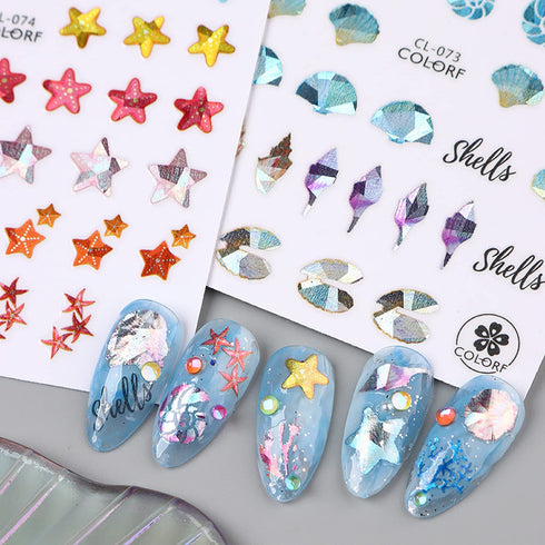 Sea Animals Nail Art Adhesive Sticker 3D Self-Adhesive Nail Decals Art Design Holographic Shell fish Jellyfish Nail Art Sticker Decoration for Wom...