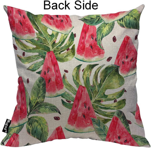 Mugod Slices of Watermelon Throw Pillow Exotic Tropical Fruit Leaves Seed Red Green Cotton Linen Square Cushion Cover Standard Pillowcase 18x18 In...