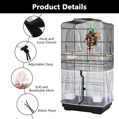 Beautyflier Bird Cage Seed Cather, Adjustable Birdcage Net Cover Skirt Guard Birdcage Nylon Mesh Netting for Parrot Parakeet Macaw Round Square Ca...