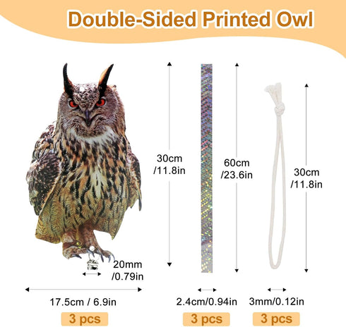 Owl to Keep Birds Away, 3Pcs Bird Scare Reflective Hanging Decoration for Garden Patio, Effective Bird Control with Reflective Tape to Keep Birds ...