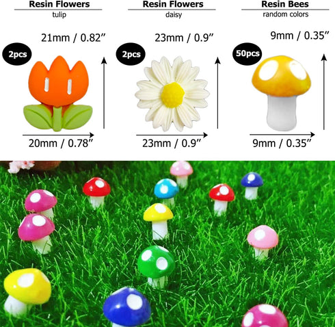 225 pcs Tiny Resin Bee Wooden Ladybug Daisy Flower Mushroom Decor, Bumble Bee Embellishment Epoxy Slime Charm Miniature Fairy Garden Accessories F...