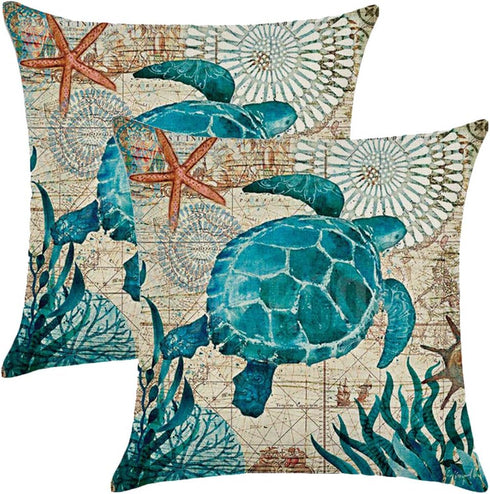 ULOVE LOVE YOURSELF Sea Turtle Throw Pillow Case Mediterranean Style Sea Theme Decorative Square Cotton Linen Cushion Cover for 18 X 18 Inch Pillo...