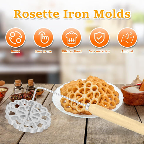 Bunuelos Mold,Aluminum Bunuelos Cookie Maker Mold with Wooden Handle, Detachable Rosette Iron Molds Set,Waffle Molds Funnel Cake Ring,Achappam Mol...