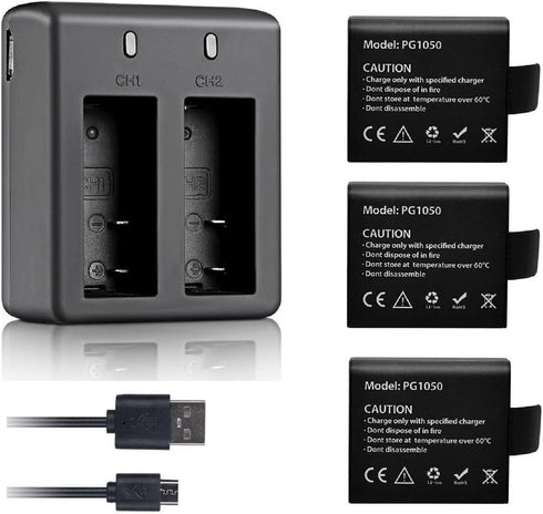 VVHOOY 3 PCS 1050mAh Rechargeable Action Camera Battery Pack Dual Battery Charger Compatible with AKASO EK7000 EK5000 Brave 4/ DBPOWER EX5000/EKEN...