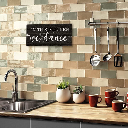 FWIEXA In This Kitchen We Dance Rustic Wood Sign, Funny Wall Art Sign Plaque, Farmhouse Wooden Hanging Wall Decor for Home, Dining Room, Restauran...