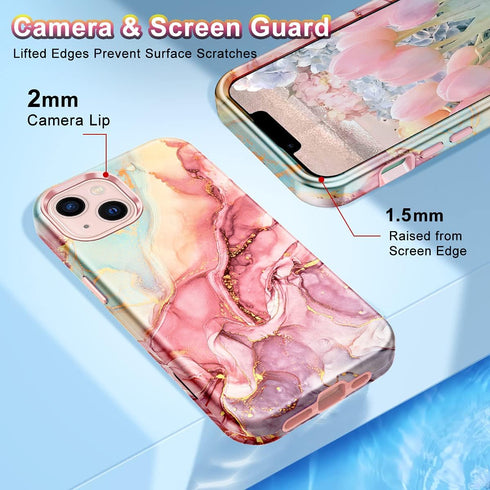 CASEFIV Compatible with iPhone 13 Case, Marble Pattern 3 in 1 Heavy Duty Shockproof Full Body Rugged Hard PC+Soft Silicone Drop Protective Girls W...