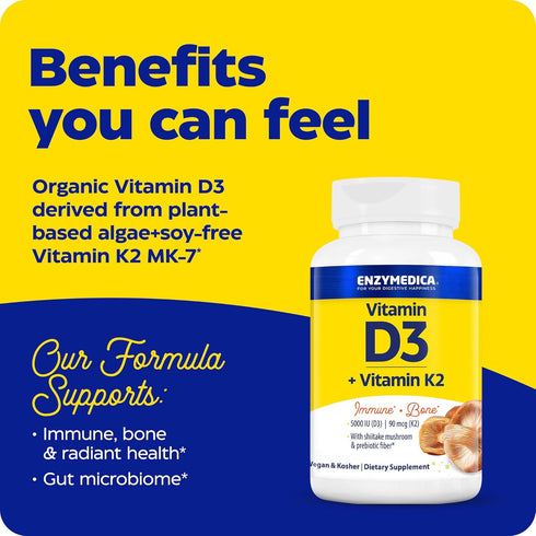 Enzymedica, Organic Vitamin D3+K2, 5,000 IU Vit D3 & 90 mcg Vit K2 MK-7, with Shitake Mushrooms & Prebiotic Fiber, Vegan, 60 Count...