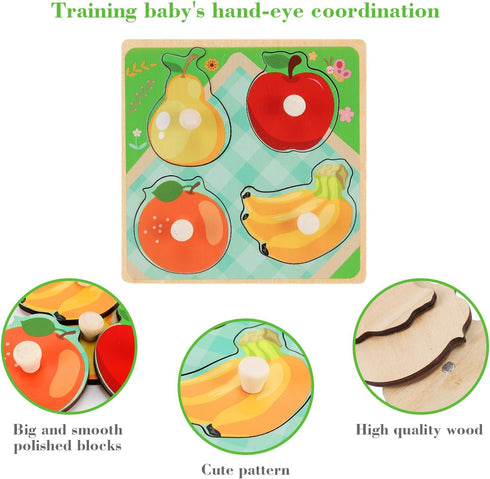 Wooden Peg Puzzles for Toddlers 1-3, Kids' Educational Preschool Peg Puzzle Toy, Set of 4 Toddler Puzzles - Farm, Dinosaur, Fruit and Marine Anima...