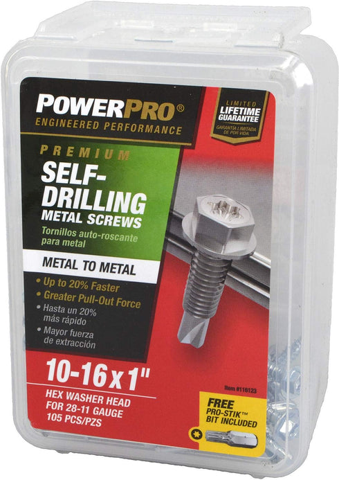 Power Pro Premium Self-Drilling Metal Screws, Zinc Plated Steel, Hex Washer Head Metal to Metal Winged Point Screws, Silver, #10 x 1 inch, Box of ...