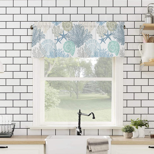 Blue Farmhouse Short Window Curtain Valances, Summer Beach Coral Starfish Valances for Windows, Ocean Nautical Coastal Rod Pocket Window Treatment...