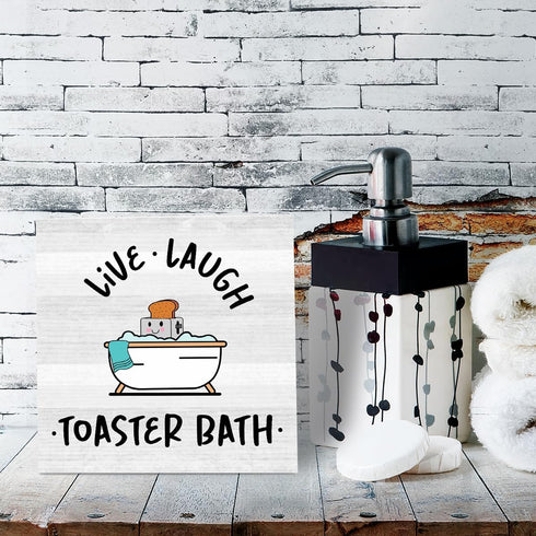 Live Laugh Toaster Bath Sign, Funny Bathroom Decor, Gift for Dark Humor Lover Wooden Sign 5 x 5 inch, Farmhouse Guest Half Bathroom Dark Humor Dec...
